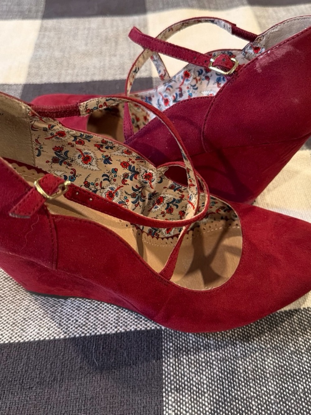Restricted Red Suede Mary Jane Wedge Pumps